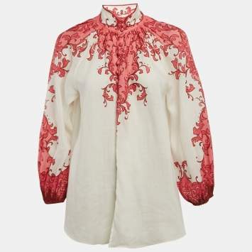 Pre Owned Zimmermann White/Pink Printed Ramie Nina Billow Blouse M