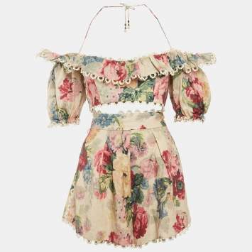 Pre Owned Zimmermann Beige Floral Print Linen Blend Skirt and Top Set S/M