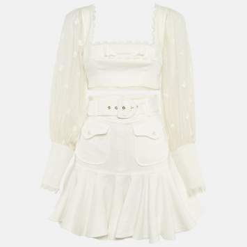Pre Owned Zimmermann White Linen Lace Insert Top and Skirt Set S