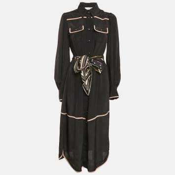Pre Owned Zimmermann Black Silk Blend Belted Button Front Midi Dress M