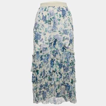 Pre Owned Zimmermann White Floral Print Ruffled Asymmetric Moncure Maxi Skirt M