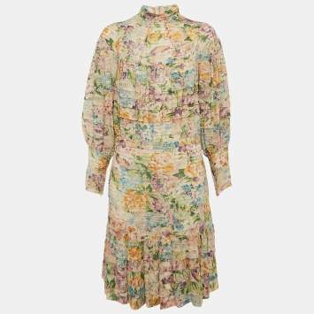 Pre Owned Zimmermann Beige Floral Crepe Print Pintuck Detail Short Dress M