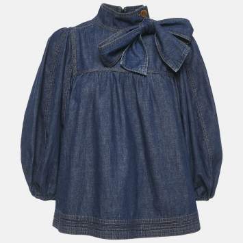 Pre Owned Zimmermann Blue Denim Pussy Bow Detail Puff Sleeve Top M