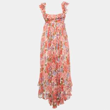 مملوكة مسبقًا Zimmermann Red Poppy Print Chiffon Silk Ruffled Maxi Dress M