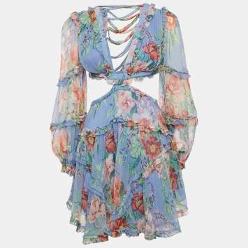 Pre Owned Zimmermann Blue Floral Print Chiffon Silk Cut-Out Bellitude Dress S