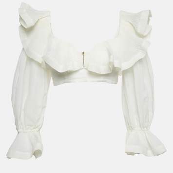 Zimmermann Off-White Crepe Ruffled Crop Top S
