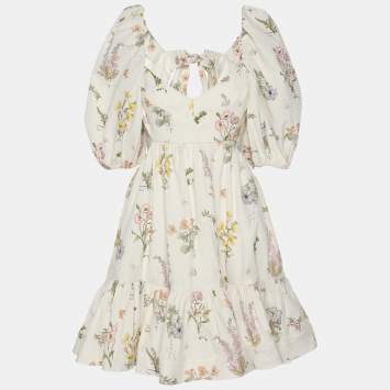 Pre Owned Zimmermann White Floral Print Cotton Jeannie Open Back Ruffled Mini Dress M