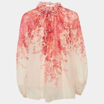 Zimmermann Pink Floral Print Crepe Applique Detail Top S