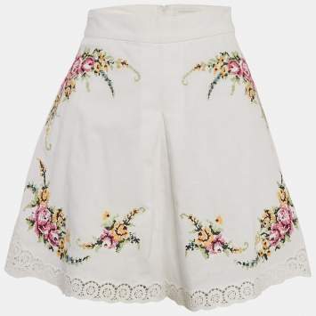 Pre Owned Zimmermann White Floral Embroidered Linen Blend Shorts M