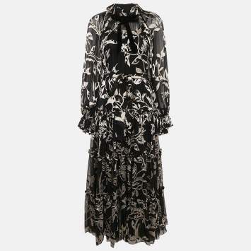 Pre Owned Zimmermann Black Silk Blend Jacquard Tiered Ladybeetle Swing Maxi Dress XS