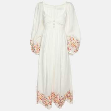 مملوكة مسبقًا Zimmermann White Floral Embroidered Linen Maxi Dress M