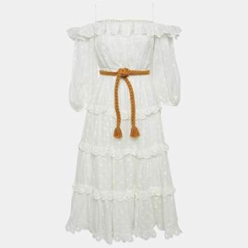 Pre Owned Zimmermann White Polka Dot Ramie Tiered Midi Dress M