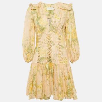 Pre Owned Zimmermann Beige Floral Print Linen Lace-Up Ruffled Mini Dress M