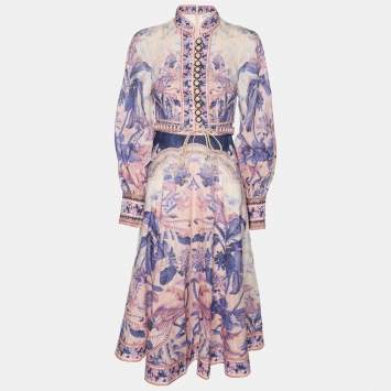 Pre Owned Zimmerman Multicolor Linen Lyre Billow Sleeve Midi Dress XS