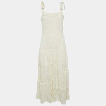 Pre Owned Zimmermann Cream Crochet Knit Tie-Up Sleeve Midi Dress L