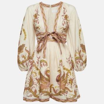 Pre Owned Zimmermann Peach Pink Printed Linen Mini Dress XS