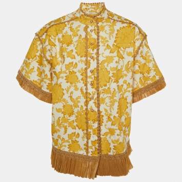 Pre Owned Zimmermann Yellow Floral Print Cotton Postcard Fringed Shirt S
