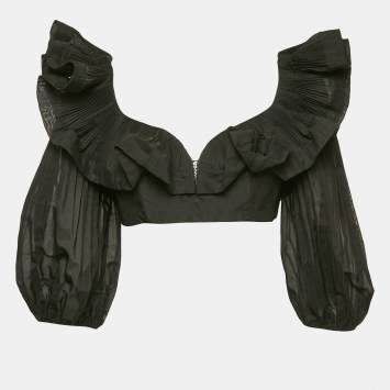 Pre Owned Zimmermann Black Crepe Ruffled Crop Top M