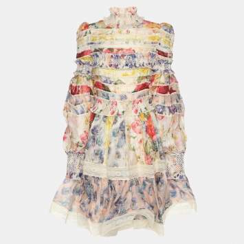 مملوكة مسبقًا Zimmermann Multicolor Linen Silk Wonderland Smocked Mini Dress M