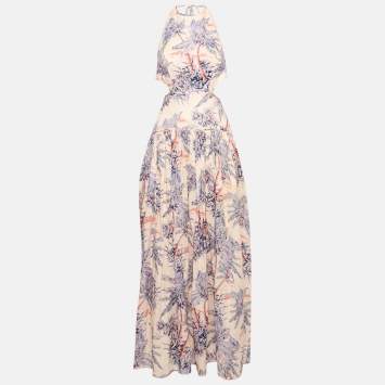 Pre Owned Zimmermann Pink Tree Print Linen Cut-Out Halter Neck Cira Maxi Dress M
