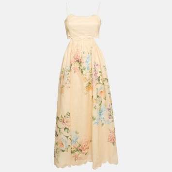 Pre Owned Zimmermann Peach/Orange Floral Print Scallop Detail Halliday Midi Dress M