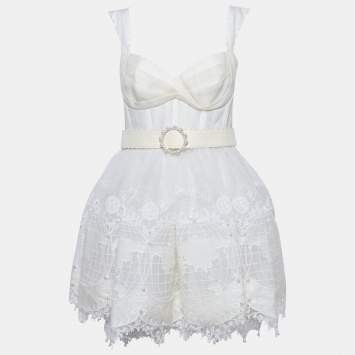 Pre Owned Zimmermann White Map Embroidered Tulle and Linen High-Tide Mini Dress M