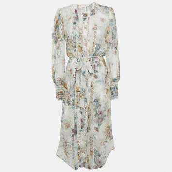 Pre Owned Zimmermann White Floral Print Crepe Scallop Detail Long Dress S