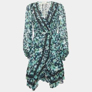 Pre Owned Zimmermann Blue Floral Print Crepe Ruffled  Wrap Mini Dress S