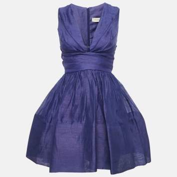 Pre Owned Zimmermann Blue Linen Blend Tama V-Neck Mini Dress XS