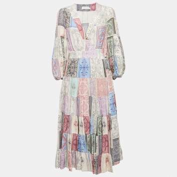 Pre Owned Zimmermann Lavender Floral Print Crepe Tiered Midi Wrap Dress M