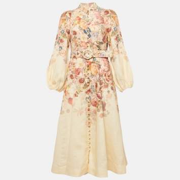 Pre Owned Zimmermann Beige Floral Print Linen Belted Midi Dress M