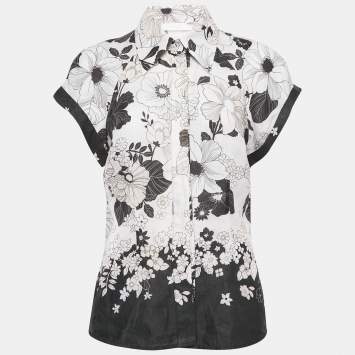 Pre Owned Zimmermann White Floral Print Linen Button Front Blouse L