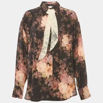 Zimmermann Black Floral Print Silk Neck Tie-Up Button Front Blouse S