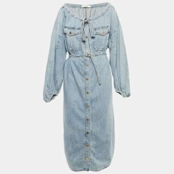 Zimmermann Light Blue Washed Denim Off Shoulder Belted Midi Dress M