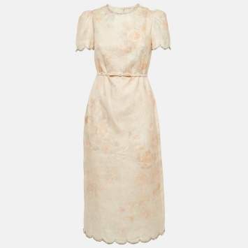 Zimmermann Pink Rose Print Linen Crystal Embellished Midi Dress XS
