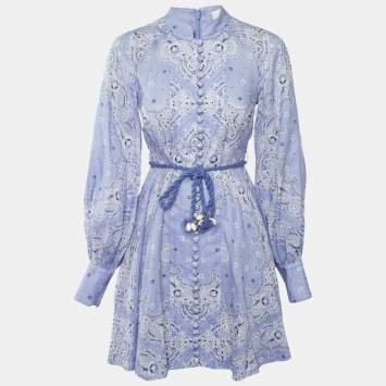 Pre Owned Zimmermann Purple Printed Linen Belted Mini Dress S