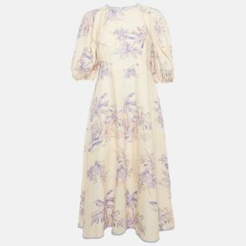 Zimmermann Cream/Purple Floral Print Linen Puff Sleeve Midi Dress L