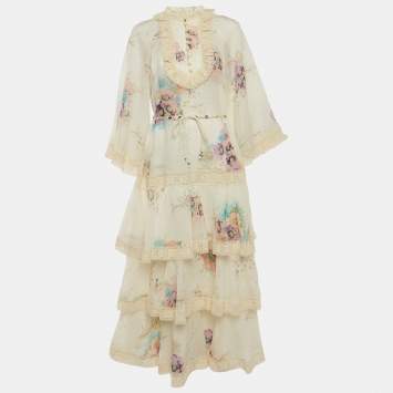 Zimmermann Off-White Floral Print Ramie Tiered Midi Dress L