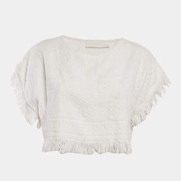 Zimmermann White Palm Tree Terry Cotton Fringed Crop Top M