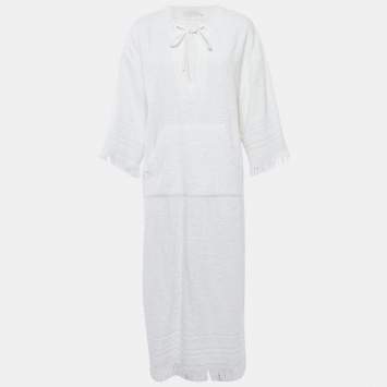 Zimmermann White Palm Tree Terry Cotton Fringed Kaftan Dress M