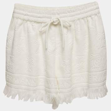 Pre Owned Zimmermann White White Palm Tree Terry Cotton Fringed Shorts M