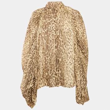 Zimmermann Brown Animal Print Silk Satin Button Front Blouse M