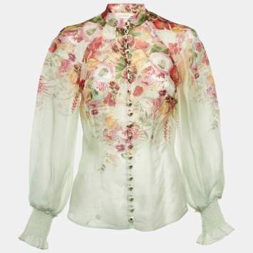 Zimmermann Green Floral Linen & Silk Wonderland Blouse S