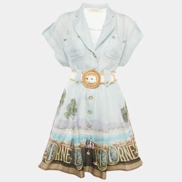 Pre Owned Zimmermann Blue Printed Silk and Linen Button Front Belted Mini Dress S