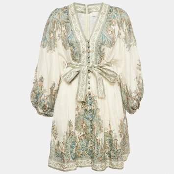 Pre Owned Zimmermann White Printed Linen Belted Mini Dress M