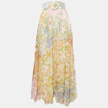 Pre Owned Zimmermann Multicolor Floral Print Cotton Blend Belted Maxi Skirt L