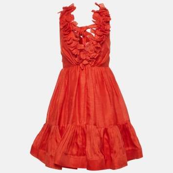 مملوكة مسبقًا Zimmermann Red Linen and Silk Plunge Neck Lovestruck Garland Mini Dress M