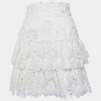 Zimmermann White Floral Applique Linen Tiered Mini Skirt S