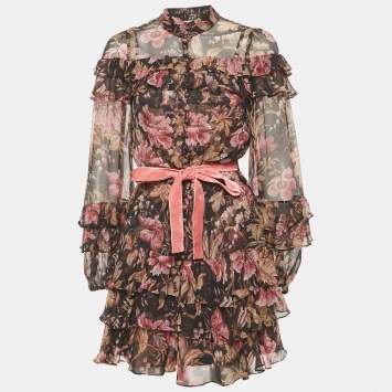 Pre Owned Zimmermann Blue Floral Print Silk Lucky Tiered Frill Mini Dress M
