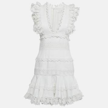Pre Owned Zimmermann White Linen Lace Trim Detail Ruffled Mini Dress M
